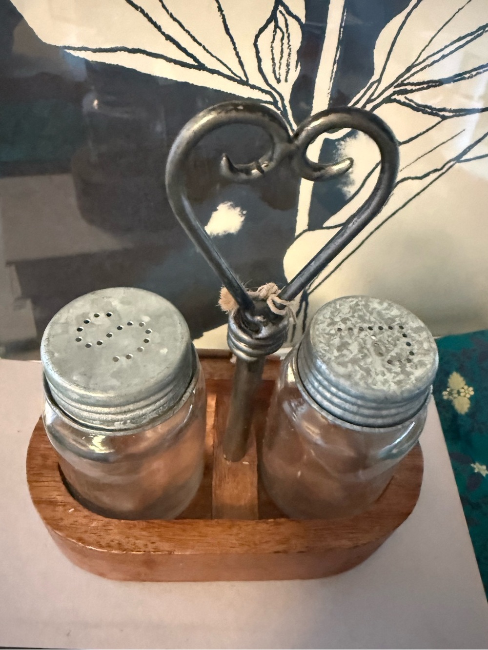 Vintage Farmhouse Salt & Pepper Shaker Set /wood/ heart shaped